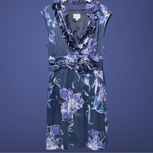 Y2K ECI Silk Floral Rosette Dress 8 Purple Blue Fluid Satin Finish Wedding Guest - Picture 2 of 12